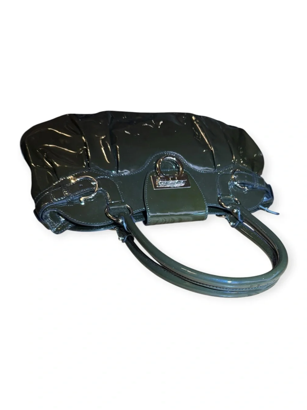 Salvatore Ferragamo Olive Green Patent Leather Marisa Gancini Satchel Auth
